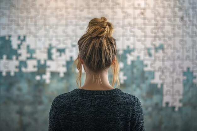 Zdjęcie z tyłu widok kobiety oglądającej wielką układankę na ścianie generatywna sztuczna inteligencja