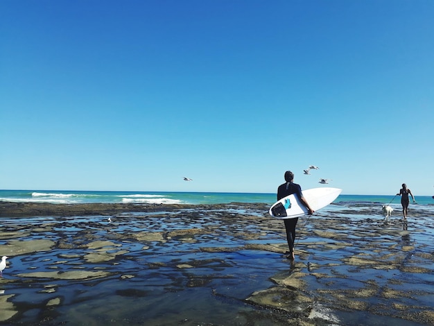 Z tyłu widok kobiety z deską do surfowania idącej po plaży na tle jasnego niebieskiego nieba