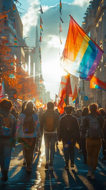 Zdjęcie z tyłu widok ludzi z lgbt i parady flagi na ulicy uroczysty dzień szczęśliwy wygenerowany przez sztuczną inteligencję