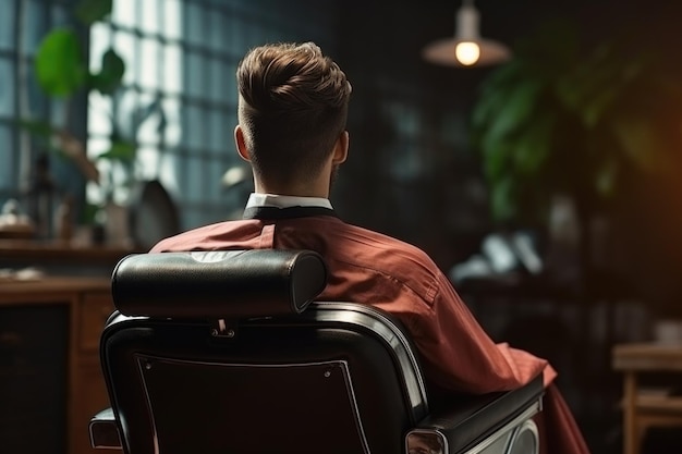 Z tyłu widok męski klient siedzący w krześle fryzjerskim z świeżą fryzurą przed lustrem