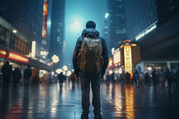 Z tyłu widok mężczyzny turysty z plecakiem patrzący z niecierpliwością na deszczowe światło uliczne w dużym mieście