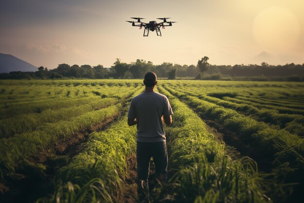 Zdjęcie z tyłu widok młodego rolnika z dronem na polu