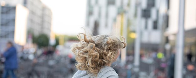 Zdjęcie z tyłu widok młodej kobiety z roztrzaskanymi włosami biegającej po mieście