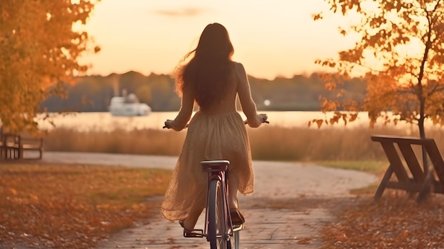 Z tyłu widok młodych kobiet jeżdżących na rowerze z jesienną sceną