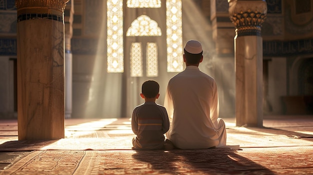 Z tyłu widok muzułmańskiego ojca i syna modlących się w meczecie islamskie pojęcie modlitwy ramadanu