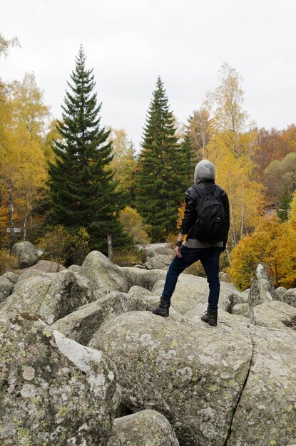 Zdjęcie z tyłu widok osoby stojącej na skale na tle nieba