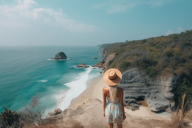 Z tyłu widok podróżującej kobiety stojącej na klifach i tropikalnej plaży