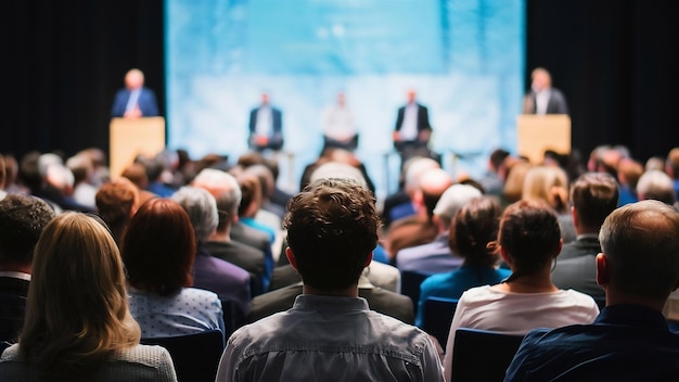 Z tyłu widok publiczności słuchającej mówców na scenie w sali konferencyjnej lub na spotkaniu seminaryjnym