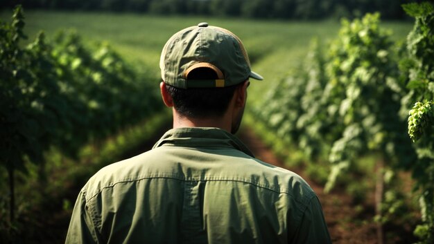 Z tyłu widok rolnika na hopfield robotnik rolniczy uprawiający hop na plantacji generatywny ai ilustracja