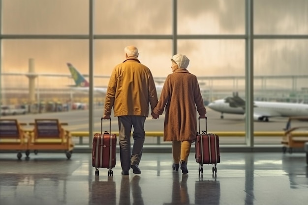 Z tyłu widok starszej pary z bagażem na lotnisku z wygenerowaną sztuczną inteligencją
