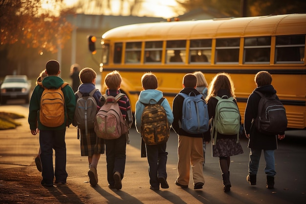 Z tyłu widok uczniów jadących do szkoły autobusem Koncepcja powrotu do szkoły