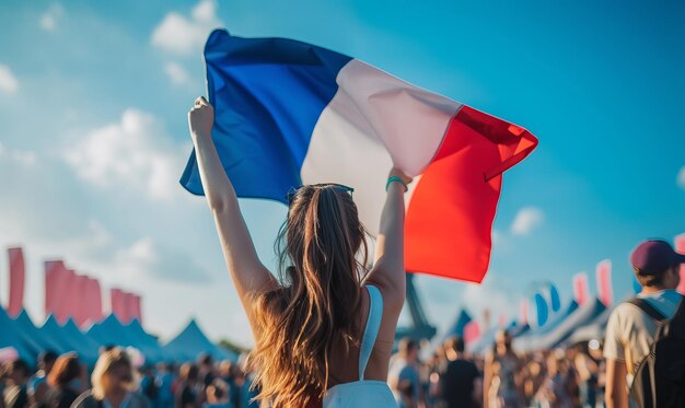 Z tyłu widok widzów machających flagą Francji