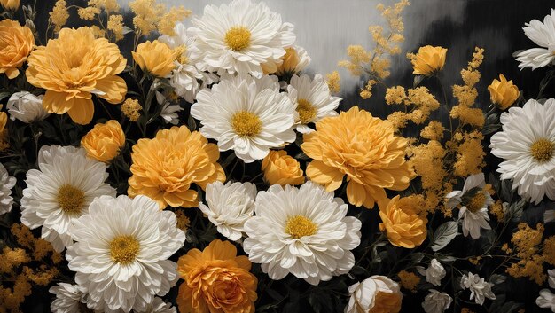 Zdjęcie z złotym, czarnym, białym i szarym malowaniem zmieszanym z kwiatami tego samego koloru
