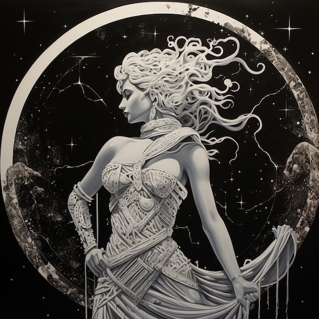za nim łuk i strzała, powierzchnia księżyca i grecka bogini