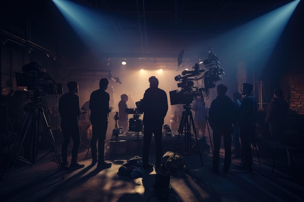 Zdjęcie za produkcją nagrań wideo i zespołem filmowym silhouette ludzi w środowisku studyjnym