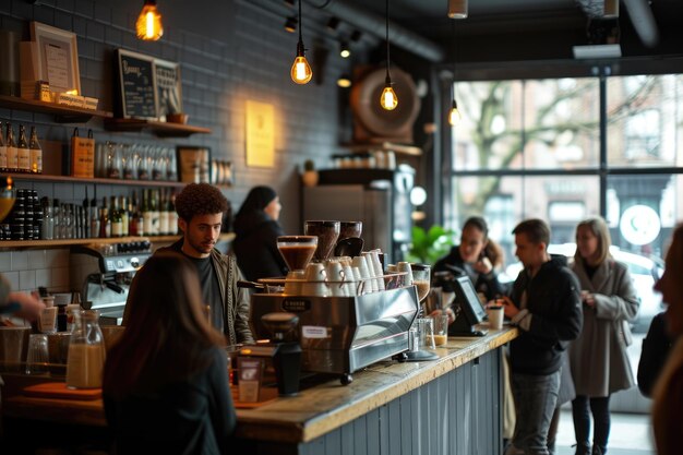 Zaangażowana atmosfera kawiarni z patronami i baristami