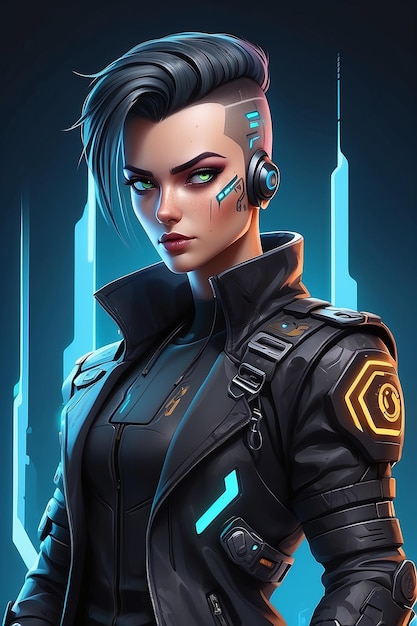 Zaangażowanie Cyberpunk Character Vector Art dla marketingu i brandingu Frontal View Concept