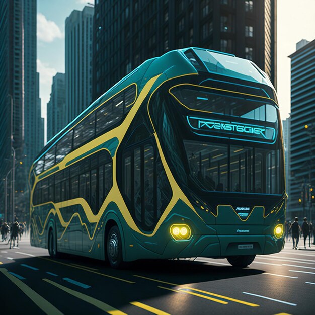 Zaawansowana elektryczna, przyjazna dla środowiska przyszłość transportu Generatywna ilustracja nowoczesnego autobusu miejskiego