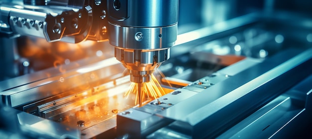 Zaawansowana maszyna frezu CNC do obróbki metali w akcji podkreślająca wysokiej technologii laserową
