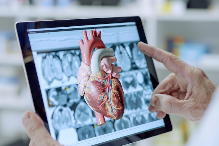 Zdjęcie zaawansowana technologia medyczna lekarz przegląda szczegółowy 3d model serca na tabletie