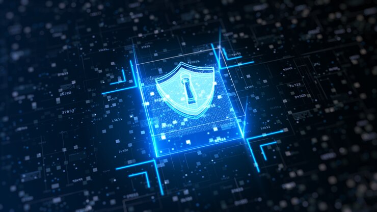 Zdjęcie zaawansowana technologicznie tarcza bezpieczeństwa cybernetycznego. ochrona sieci danych cyfrowych
