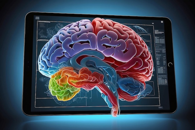 Zaawansowana trójwymiarowa symulacja ludzkiego mózgu oglądana z wnętrza tabletu