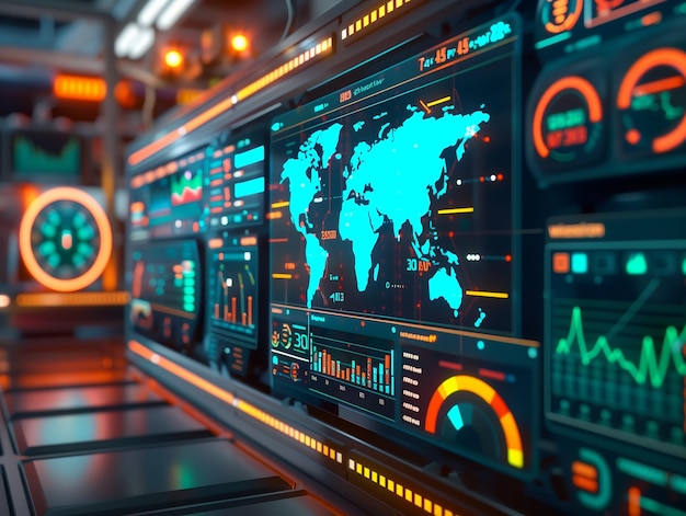 Zaawansowane monitory w pomieszczeniach sterowania wyświetlające globalne dane i analizy z żywymi interfejsami
