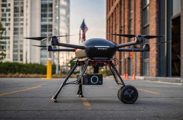Zaawansowany dron z kamerą na miejskiej ulicy