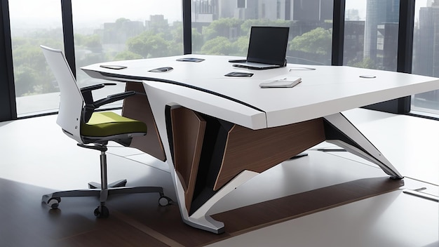 Zaawansowany stół komputerowy dla futurystycznego miejsca pracy z zintegrowaną technologią i ergonomicznym geniuszem