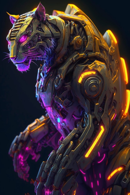 zaawansowany technologicznie robot cougar świecący neon, na ciemnym tle, kreatywna ai