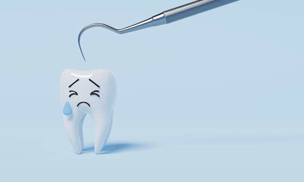 Ząb boi się haczyka do badania dentystycznego w celu sprawdzenia stanu jamy ustnej przyczyny próchnicy na niebieskim tle
