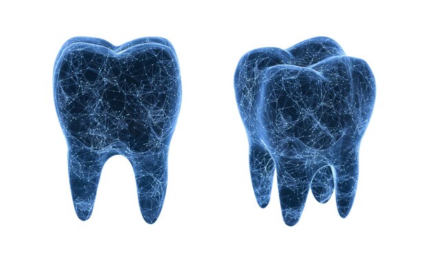 Ząb z niebieskimi liniami struktury 3D