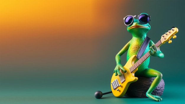 żaba gra na gitarze i ma na sobie okulary jasne tło kopia przestrzeń generatywny ai