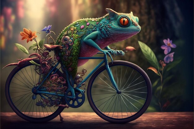 żaba na rowerze z kwiatami