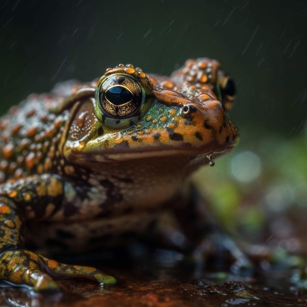 Żaba o zielonym i żółtym ciele siedzi na skale w deszczu.
