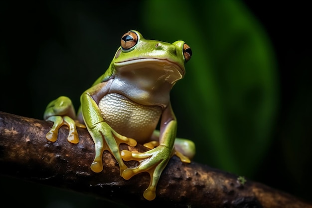 żaba siedząca na gałęzi z zielonym tłem