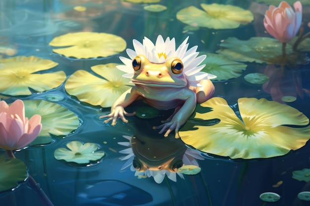 Zdjęcie Żaba siedząca na lilii wodnej w kreskówce o zwierzętach wodnych
