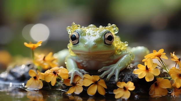 Żaba siedząca na skale z żółtymi kwiatami w tle Generatywna sztuczna inteligencja