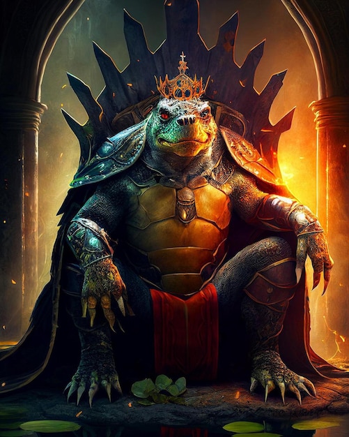Żaba siedząca na tronie w koronie.