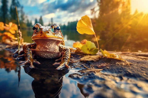 żaba siedzi na kamieniu w krajobrazie przyrody w pobliżu jeziora generatywnego ai