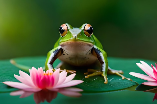 Żaba siedzi na liściu z różowym kwiatem w tle.