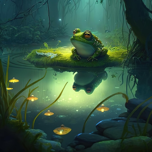 Żaba siedzi na stawie otoczonym małymi rybkami.