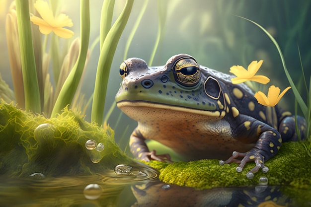 Żaba siedzi w stawie z kwiatami i napisem „żaba” na dnie.