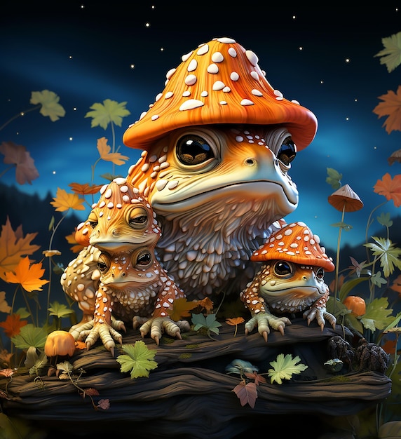 Żaba w kapeluszu i dwie inne żaby w lesie.