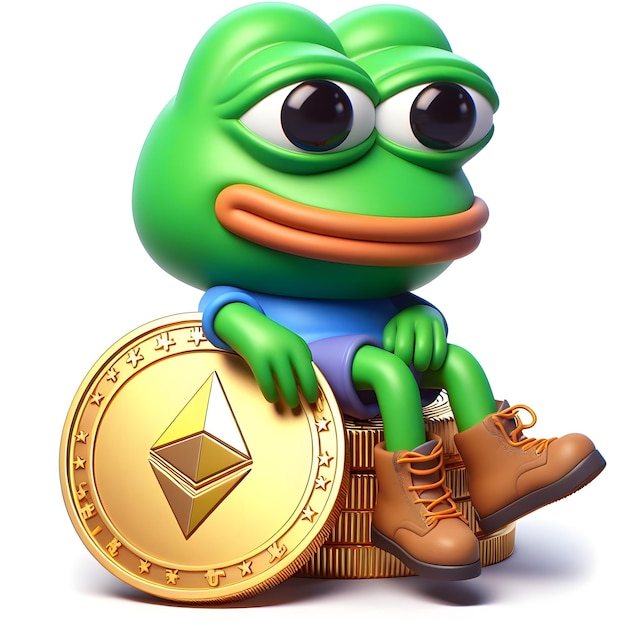 Żaba z kreskówki siedząca na monetze i trzymająca monetę ethereum