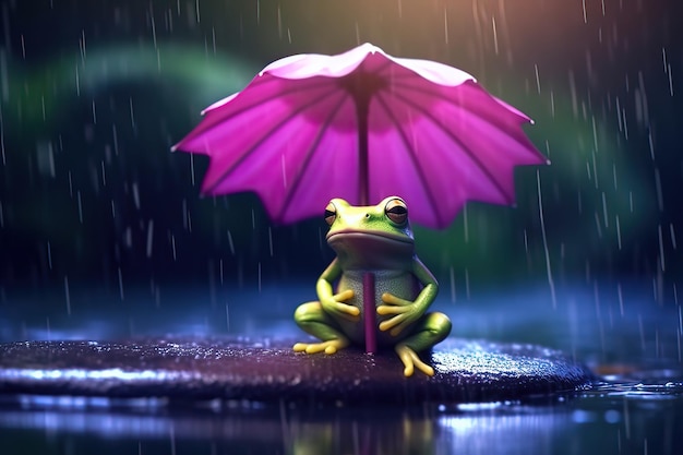 Żaba z parasolem siedzi pod kroplą deszczu
