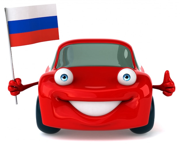 Zdjęcie zabawa ilustrowany samochód trzyma flagę rosji