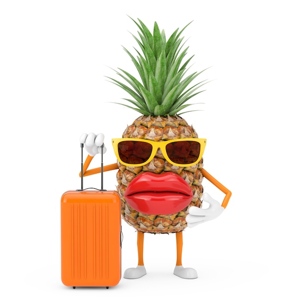 Zabawa kreskówka moda Hipster Cut ananas osoba charakter maskotka z walizką pomarańczowy podróży na białym tle. Renderowanie 3D