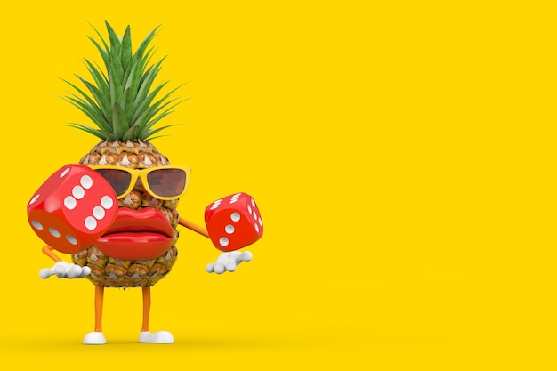 Zabawa kreskówka moda Hipster wyciąć ananas osoba charakter maskotka z czerwoną grą w kości kostki w locie na żółtym tle. Renderowanie 3D