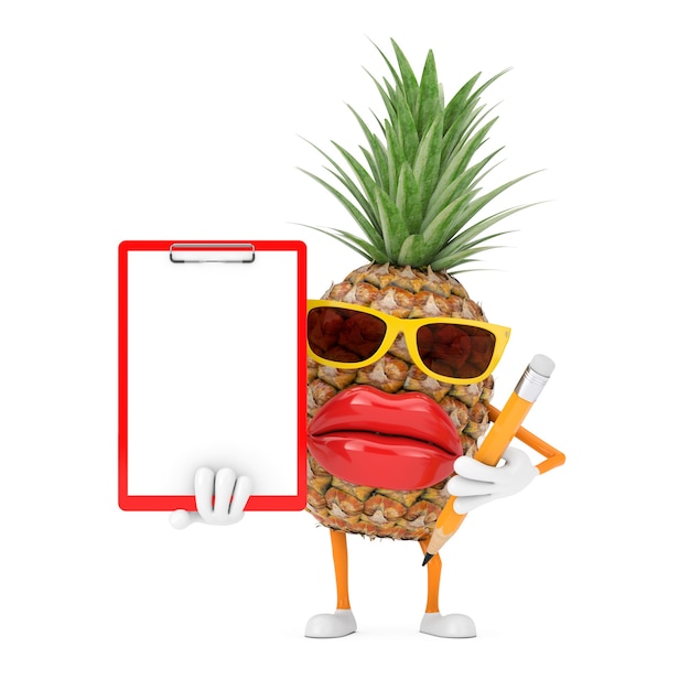 Zabawa kreskówka moda Hipster wyciąć ananas osoba charakter maskotka z czerwonym plastikowym schowkiem, papierem i ołówkiem na białym tle. Renderowanie 3D